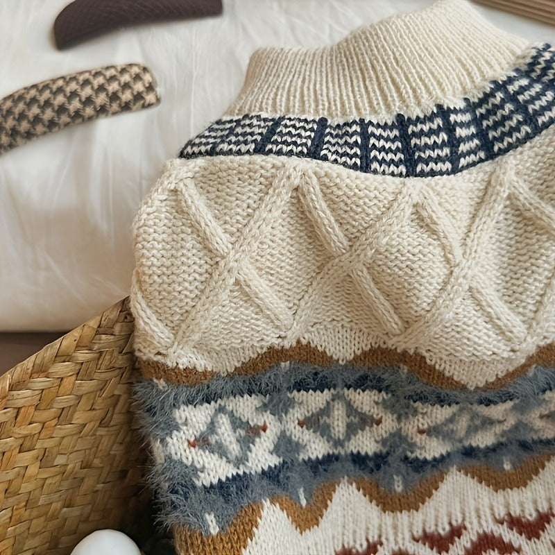 Cable Knit Dog Sweater Turtleneck – Thick Warm Winter Pet Pullover with Fair Isle Pattern, Cozy Cold Weather Knitwear