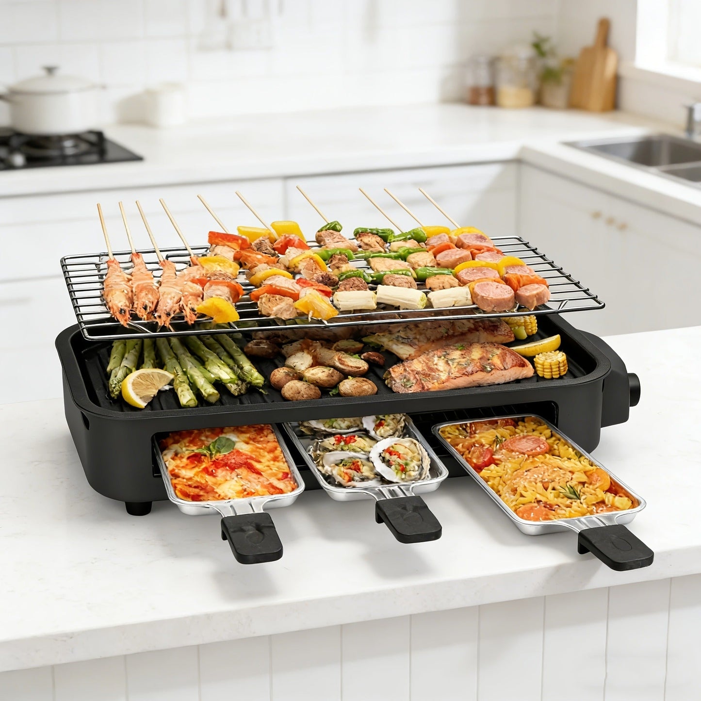 Indoor Smokeless Electric Grill 1500W Non-Stick Raclette Table Grill with Removable Plate & 3 Mini Pans Compact BBQ Griddle
