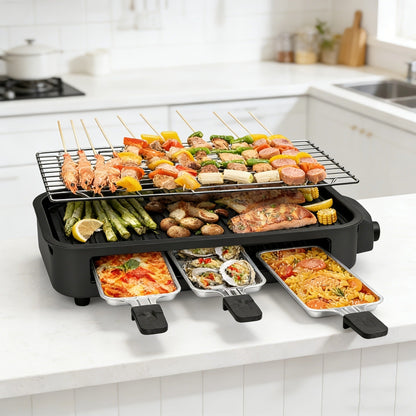 Indoor Smokeless Electric Grill 1500W Non-Stick Raclette Table Grill with Removable Plate & 3 Mini Pans Compact BBQ Griddle