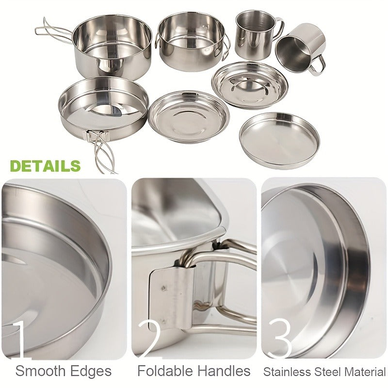 Stainless Steel Camping Cookware Set 8 Piece with Pots Pans Plates Cups and Handles – Lightweight Outdoor Cooking Kit for Camping Hiking