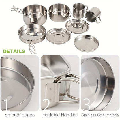 Stainless Steel Camping Cookware Set 8 Piece with Pots Pans Plates Cups and Handles – Lightweight Outdoor Cooking Kit for Camping Hiking
