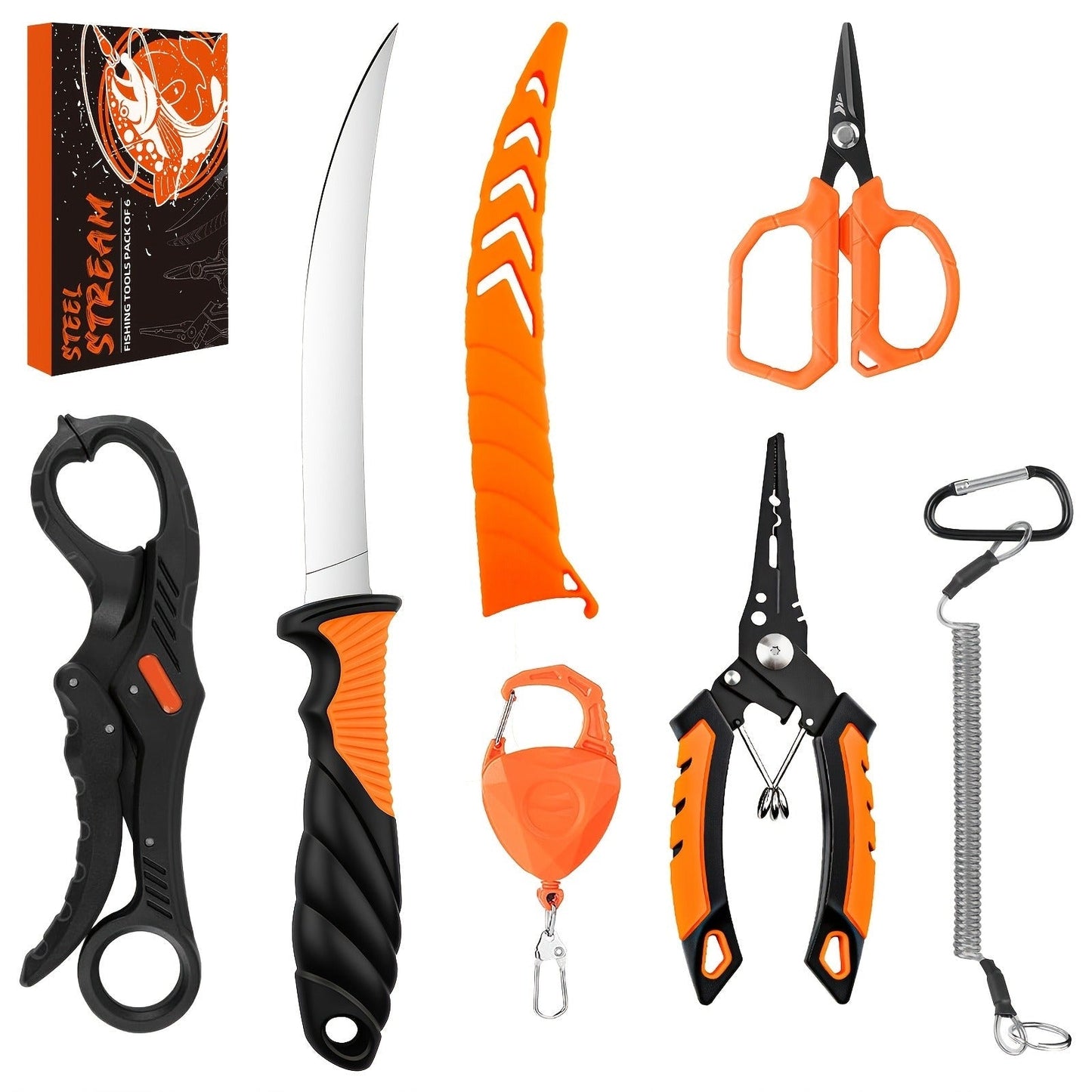 Fishing Tool Kit 6-Piece Corrosion Resistant Pliers Fillet Knife Fish Lip Gripper Braid Scissors Tool Retractor with Lanyard Fishing Gifts