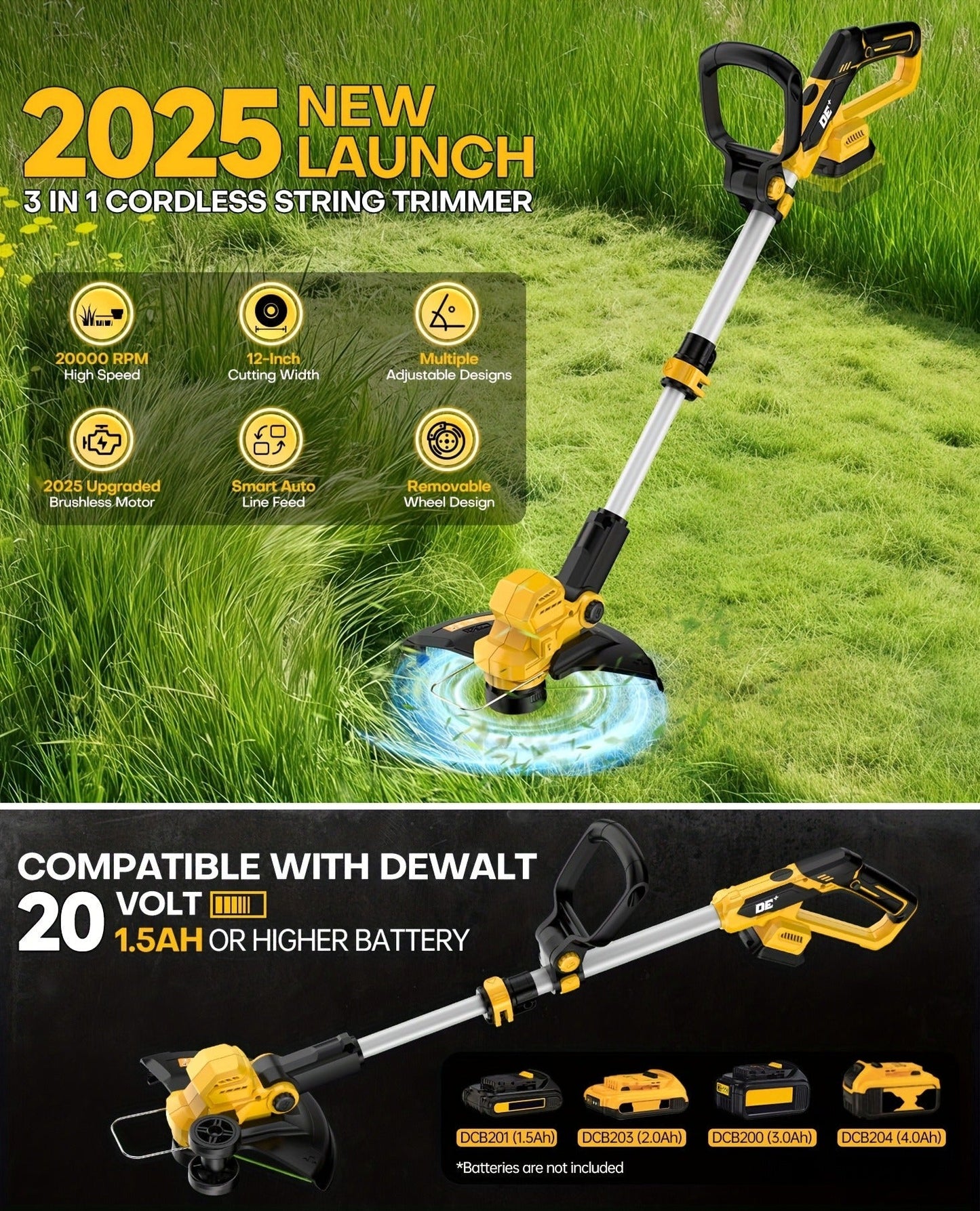 Cordless String Trimmer for DeWalt 20V Max, 12-Inch 20000RPM Brushless 3-in-1 Weed Eater with Auto-Feed