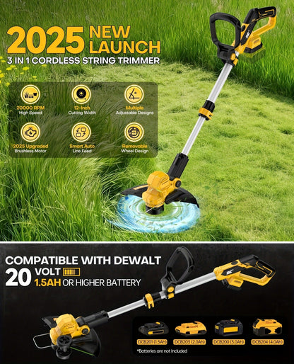 Cordless String Trimmer for DeWalt 20V Max, 12-Inch 20000RPM Brushless 3-in-1 Weed Eater with Auto-Feed
