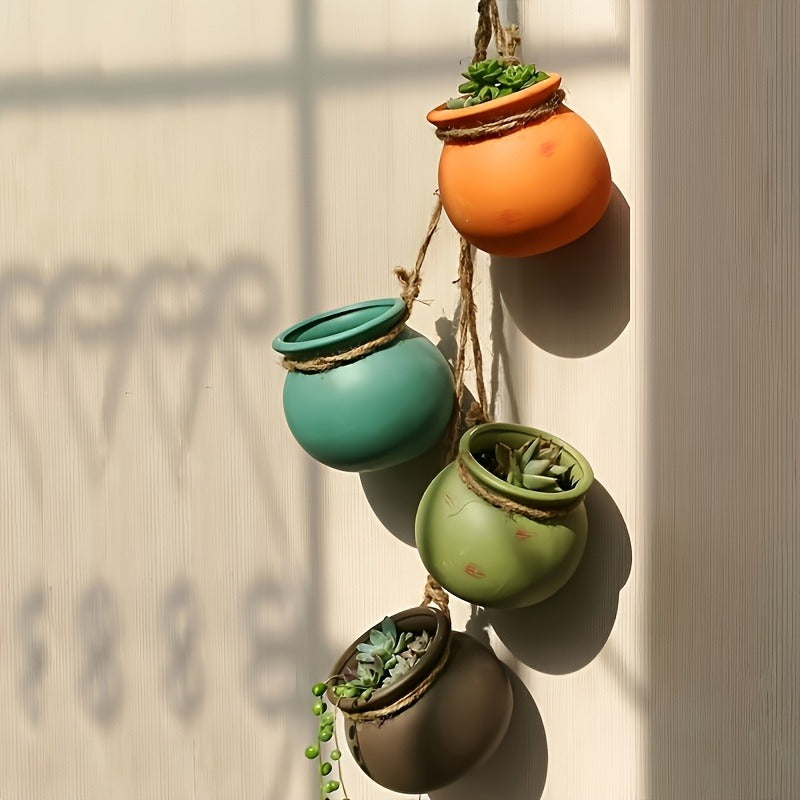Hanging Planters Set of 4 Bohemian Geometric Porcelain Pots with Hemp Rope
