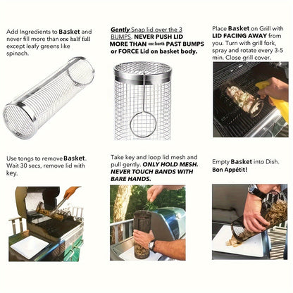 Rolling Grill Basket Stainless Steel 2-Pack, Cylinder BBQ Basket with Hook & Fork for Vegetables