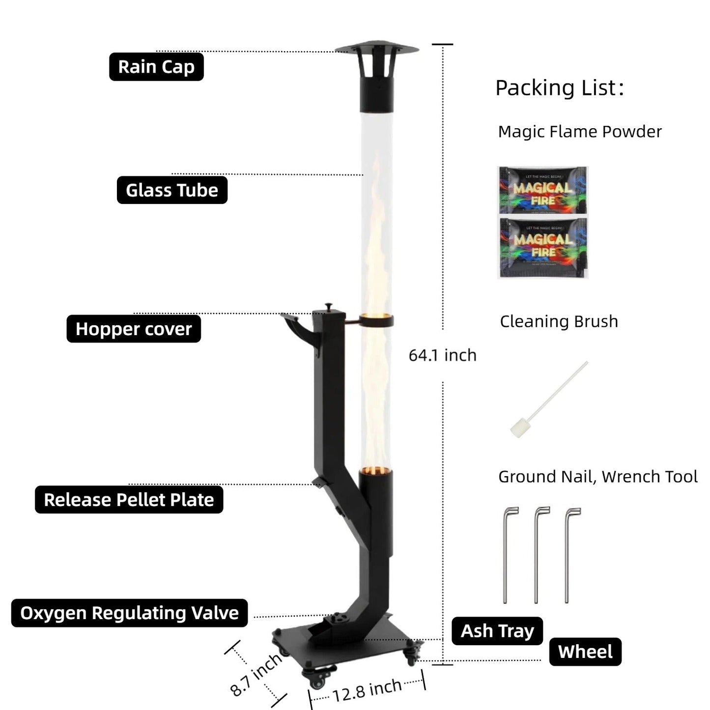 Wood Pellet Patio Heater Portable Gravity Feed Rocket Stove with Glass Tube Flame, Smokeless Non-Electric Outdoor Fire Pit for Backyard