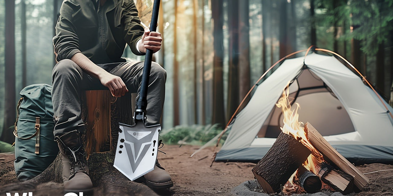Folding Camping Shovel Axe Kit, Multifunctional Survival Tactical Shovel with Paracord, Dual Color Flashlight & Whetstone