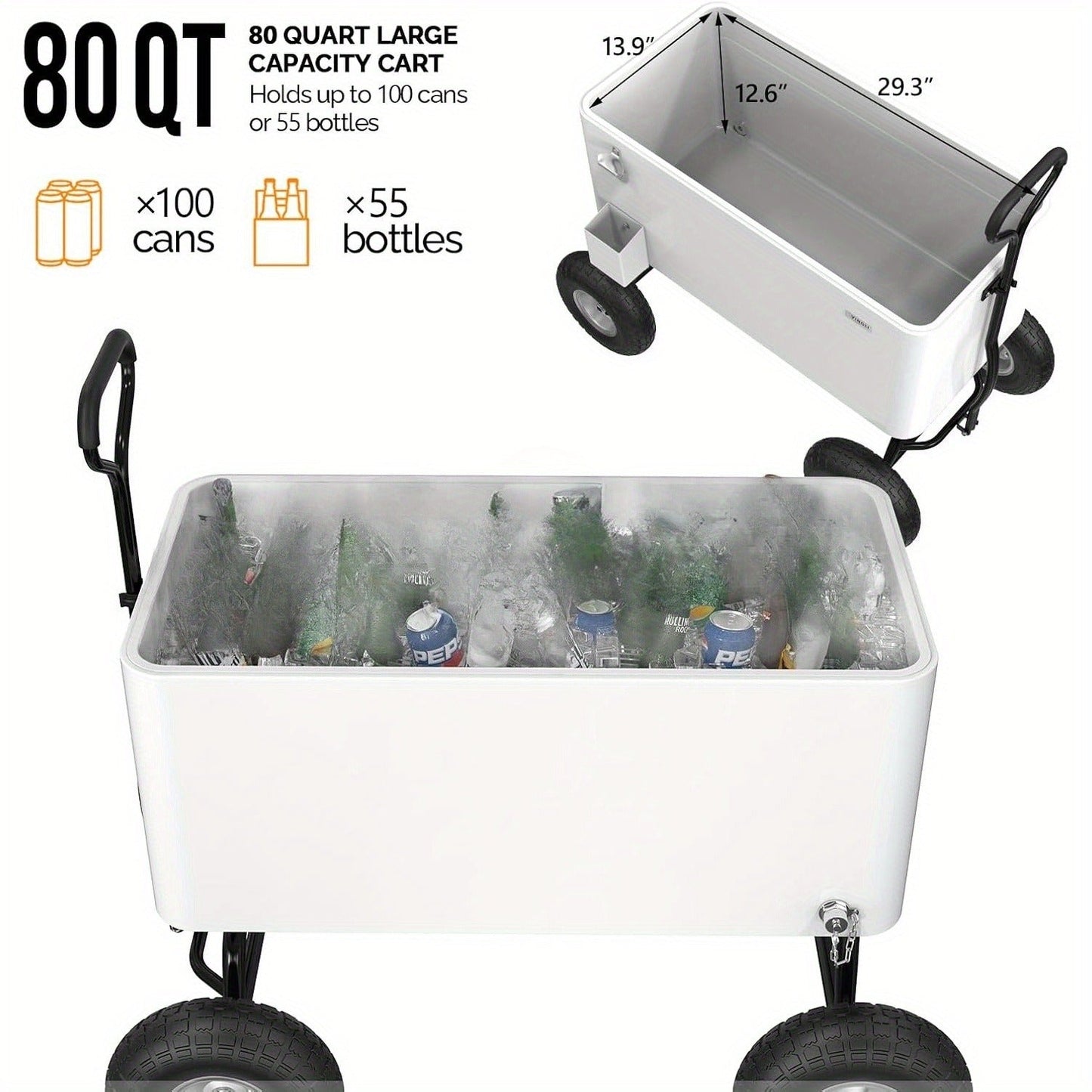 Rolling Cooler Cart 80QT Portable Wagon with 10" Wheels, Patio Beach Outdoor Drink Cooler, for Camping, Travel and Outdoor Use