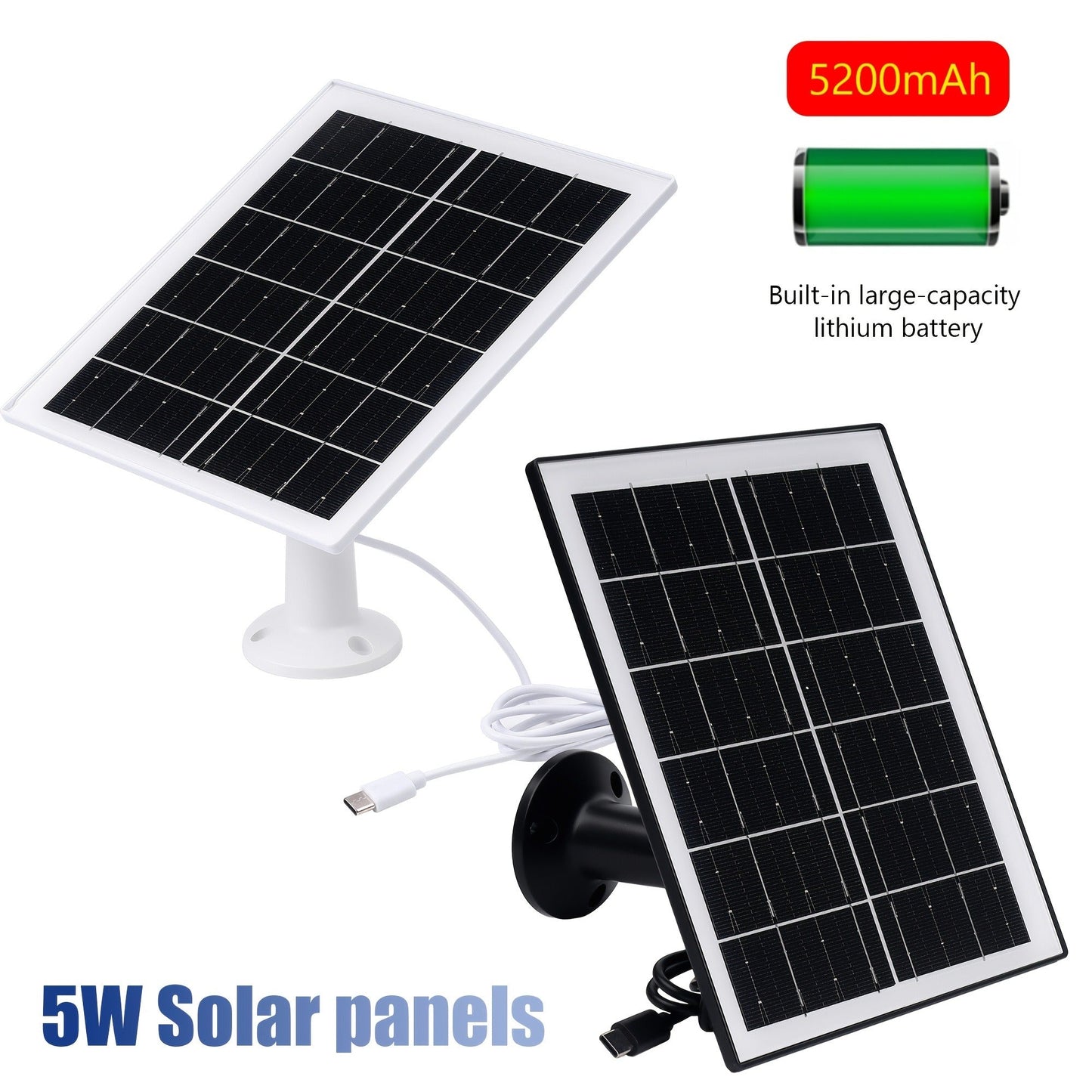 Solar Panel 5W Monocrystalline with Built-In 5200mAh Battery - 3rd Gen Emergency Charger for Security Camera
