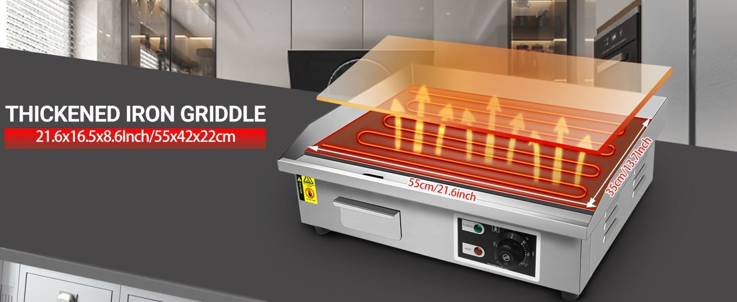 Flat Top Griddle 22 Inch 1600W Electric Countertop Teppanyaki Grill Non-Stick Stainless Steel Commercial for Garden, Patio and Yard Use