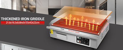 Flat Top Griddle 22 Inch 1600W Electric Countertop Teppanyaki Grill Non-Stick Stainless Steel Commercial for Garden, Patio and Yard Use
