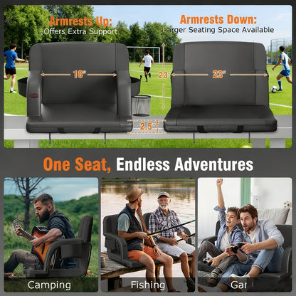 Heated Stadium Seat with Back Support for Bleachers 6 Reclining Positions 3 Heat Levels Dual-Zone USB Heated Bleacher Chair with 5 Storage