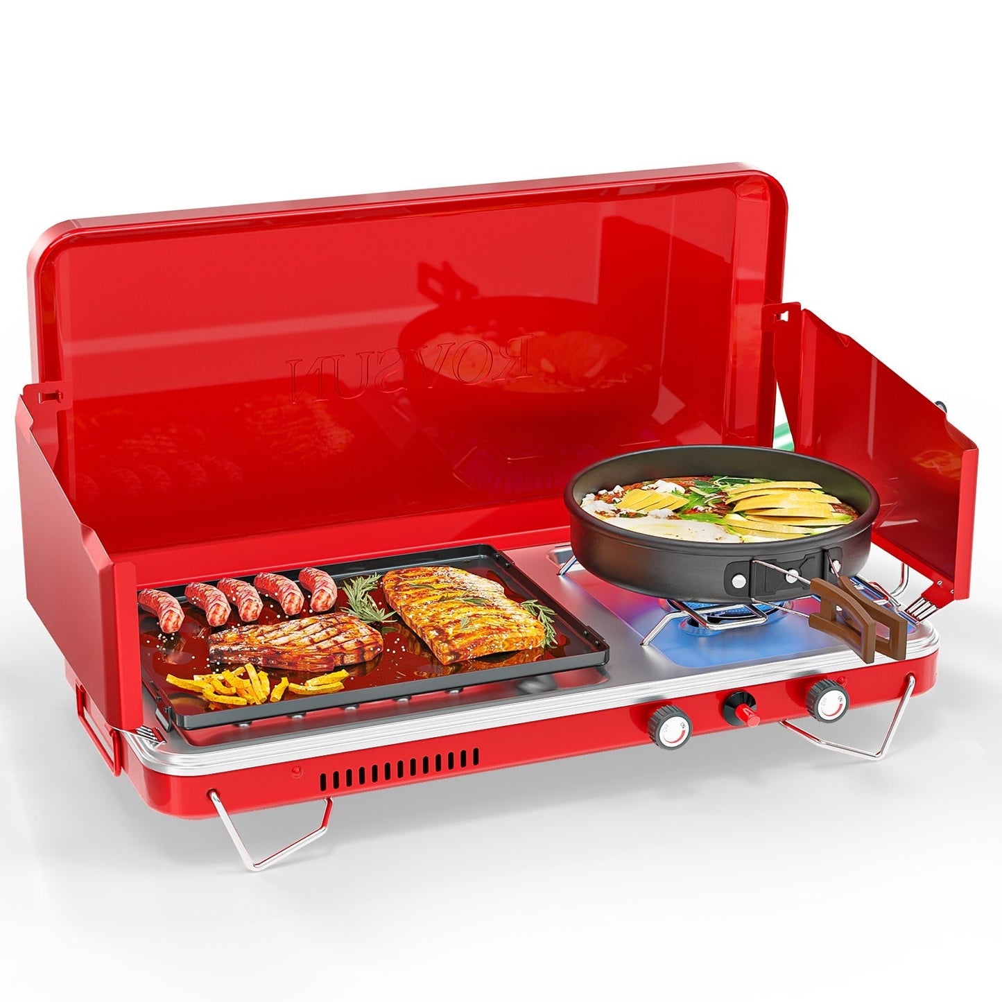 Portable Propane Griddle and Burner Camping Stove with Four Color Labels and 23.23-Inch Closed Width