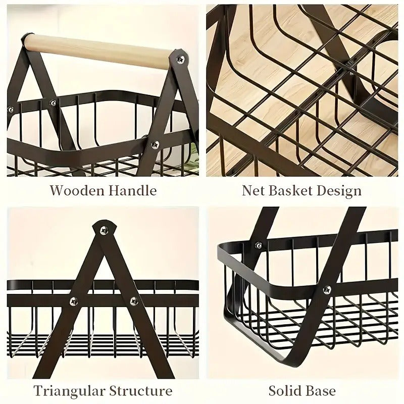 Fruit Basket Kitchen Organizer 2 or 3 Tier Metal Stand with Removable Wooden Handles for Countertop