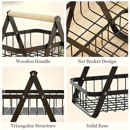 Fruit Basket Kitchen Organizer 2 or 3 Tier Metal Stand with Removable Wooden Handles for Countertop