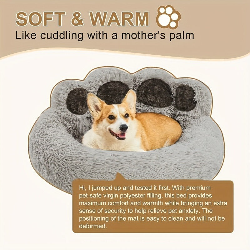 Dog Bed & Cat Bed Plush Bear Paw Print – Soft Warm Pet Bed for Small Medium Large Dogs, Thickened Long Plush, No Assembly