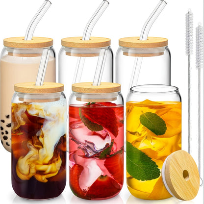 Drinking Glasses Set with Lid and Straw 550ml Oval Glass Cups 4 or 6 Piece, for Home Cooking, Dining and Outdoor Meals