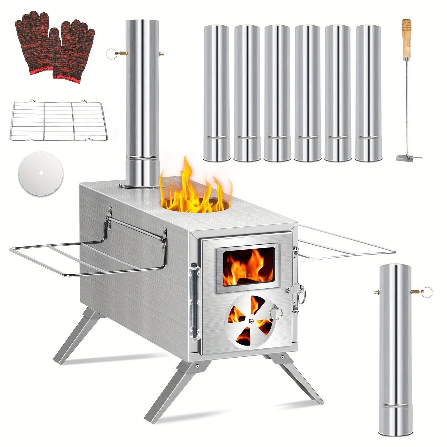 Wood Burning Camp Stove with Chimney Pipe Portable Outdoor Camping Stove for Cooking, BBQ, Boiling Water & Heating