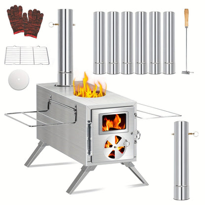 Wood Burning Camp Stove with Chimney Pipe Portable Outdoor Camping Stove for Cooking, BBQ, Boiling Water & Heating
