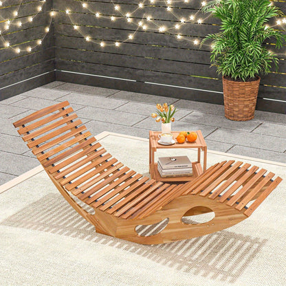 Acacia Wood Rocking Chaise Lounge Outdoor High Back Slatted Seat Stopper Patio Rocker for Deck Poolside Garden