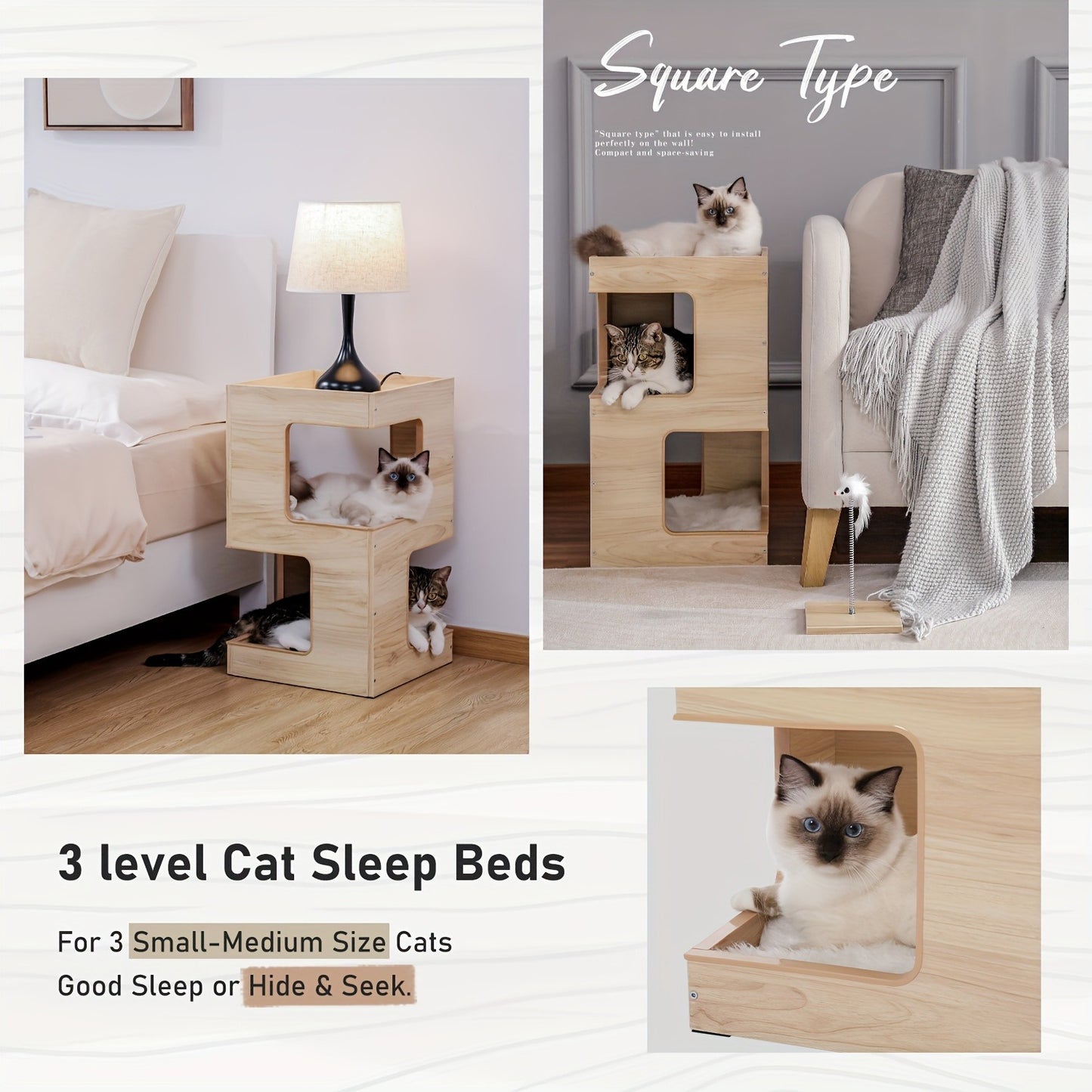 Cat Tree Small Modern 23.6" Wood Cat Tower Furniture with Scratching Pad Removable Soft Mats & Free Cat Toy for Indoor Kittens