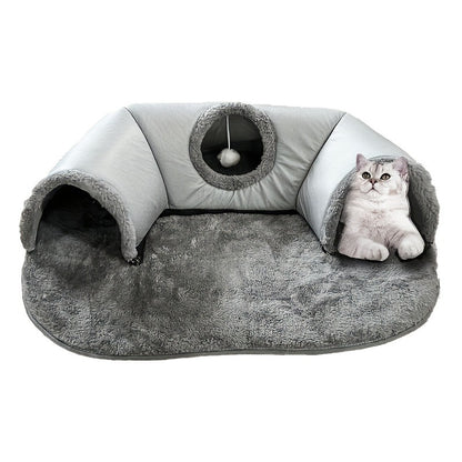 Cat Tunnel Bed 3-in-1 Play Mat & Warm Nest with Non-Slip Base, Durable Chew-Resistant Polyester Cat Bed for Indoor Cats