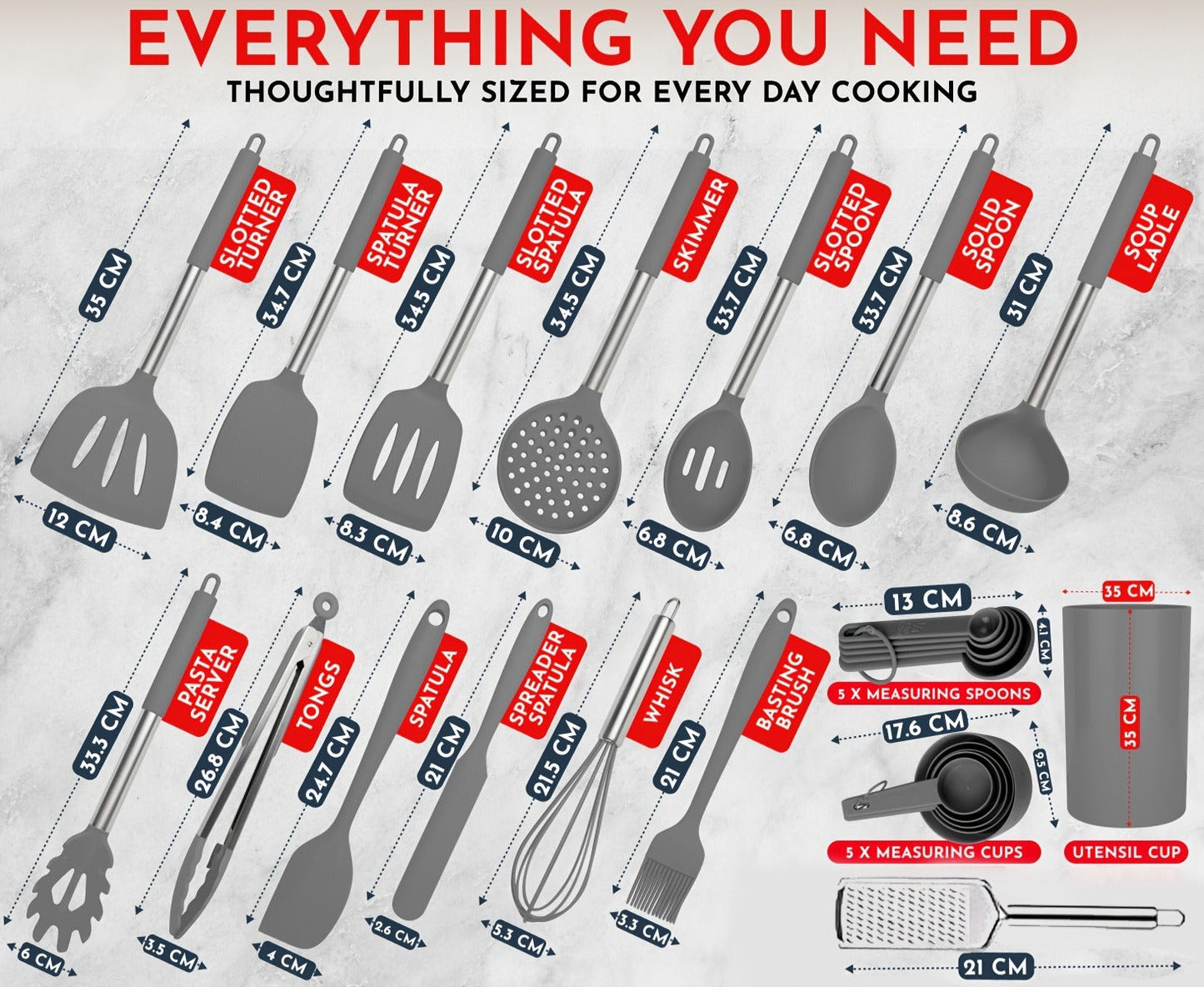 Silicone Kitchen Utensil Set with 25 Tools and Accessories, Holder and Grey, Black or Coffee Colors