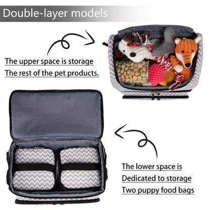 Pet Travel Backpack Double Layer Dog Cat Supplies Bag with 2 Collapsible Bowls 2 Food Baskets Portable Organizer for Outdoor Hiking Camping