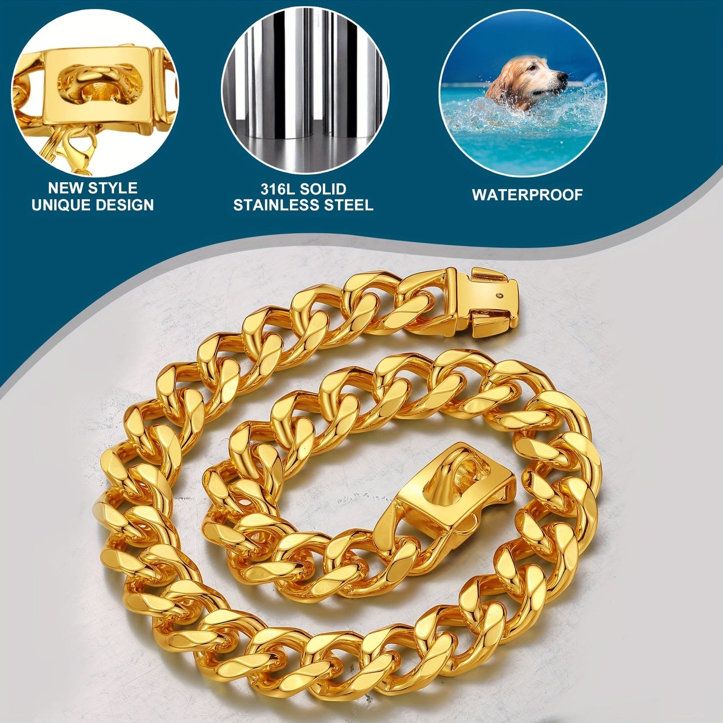 Gold-Color Cuban Link Dog Chain Collar with Paw and Bell Charms in Six Lengths from 16 to 26 Inches