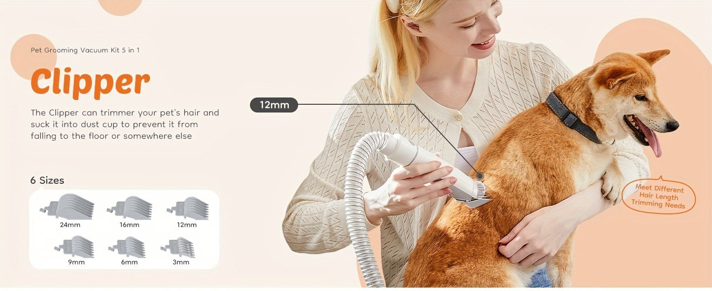 Pet Grooming Vacuum Kit 5-in-1 Professional Clippers 99% Hair Suction 6 Guide Combs Multifunctional Dog Cat Grooming Tools White Blue Grey
