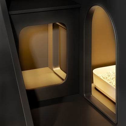 Cat Litter Box Enclosure Furniture Hidden Cabinet with LED Light & 2 Drawers – MDF Indoor Cat House Side Table with Acrylic Door