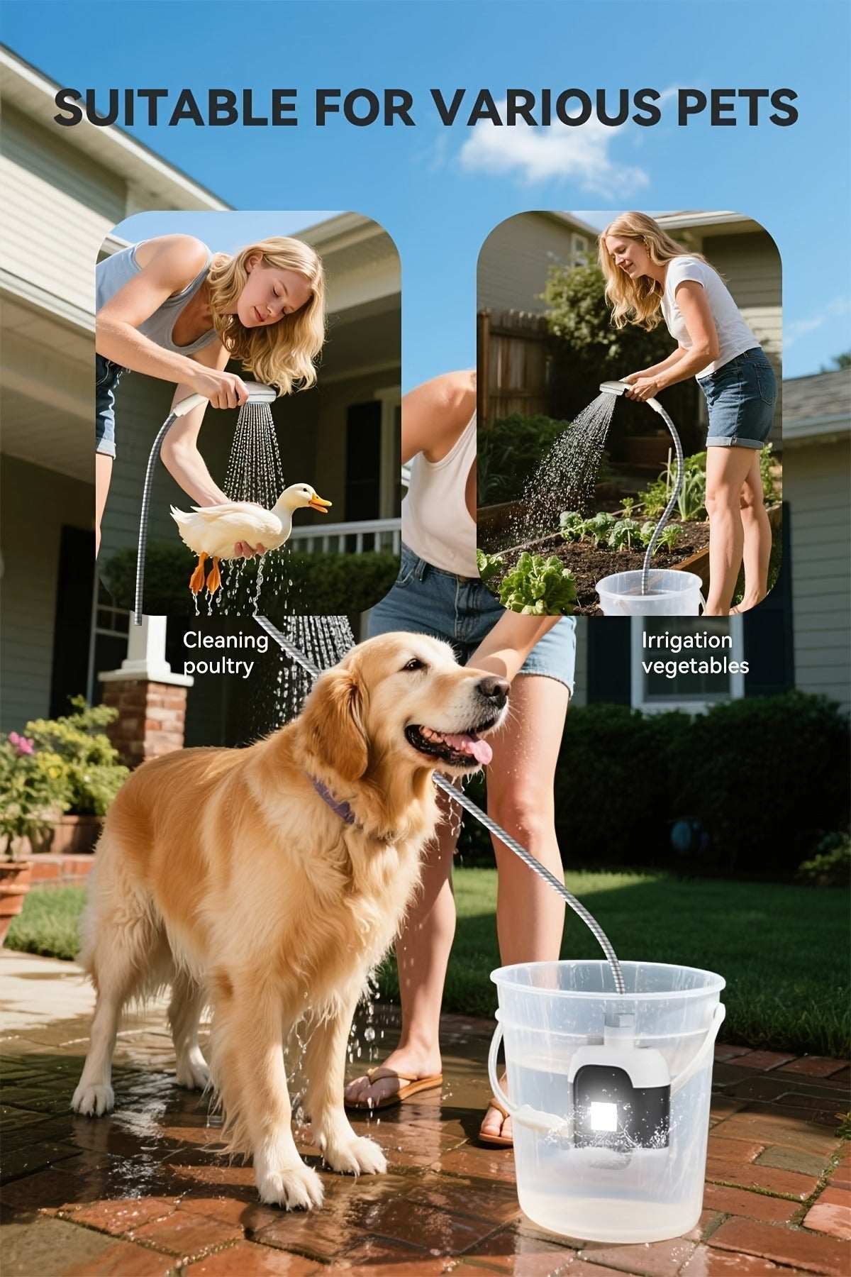 Portable Outdoor Shower with Light 2-in-1 – 2000mAh Rechargeable, Power Display, Spray Nozzle, Hose & Suction Cup – Camping, Hiking