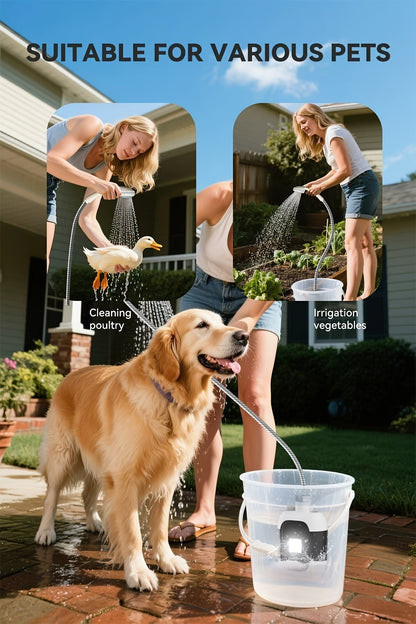 Portable Outdoor Shower with Light 2-in-1 – 2000mAh Rechargeable, Power Display, Spray Nozzle, Hose & Suction Cup – Camping, Hiking
