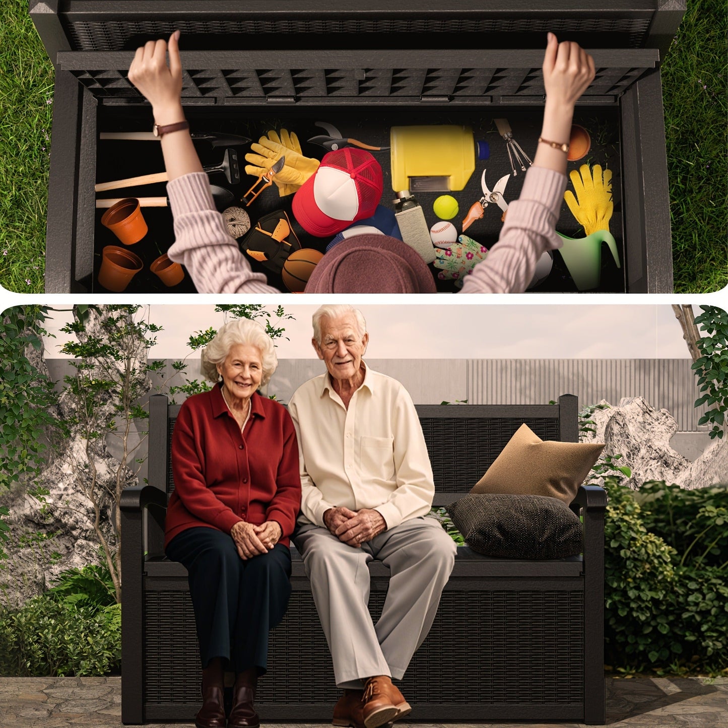 Outdoor Storage Bench 80 Gal, for Garden, Patio and Yard Use, with the Listed Configuration