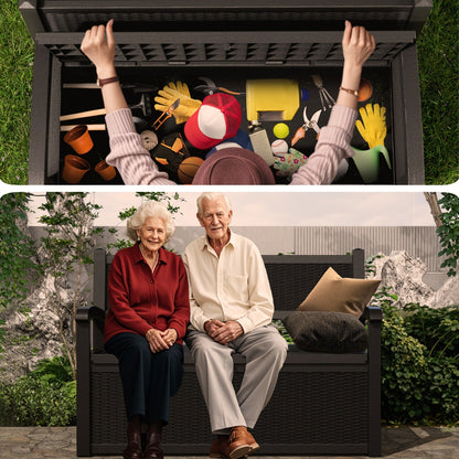 Outdoor Storage Bench 80 Gal, for Garden, Patio and Yard Use, with the Listed Configuration