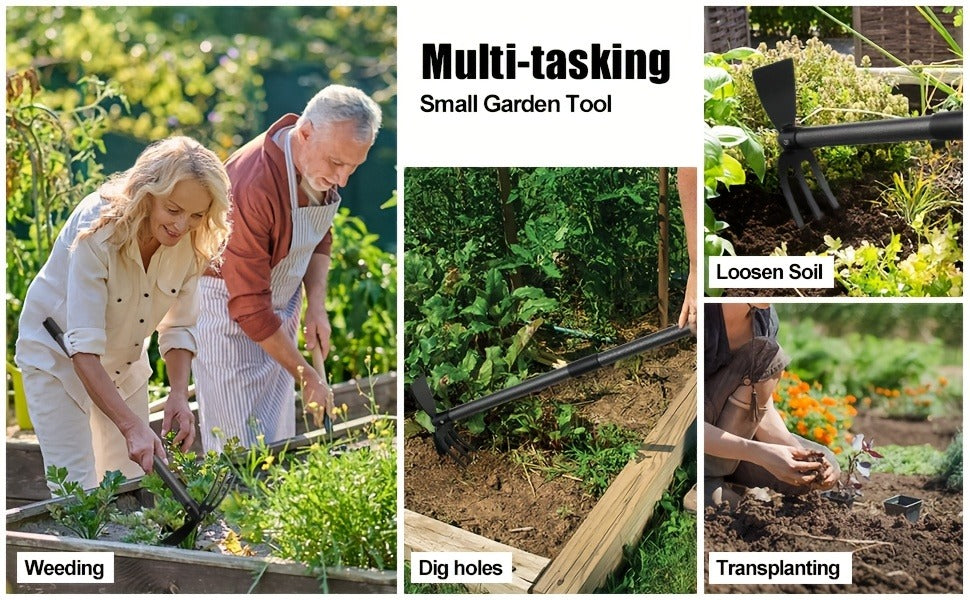 60-Inch Garden Hand Tool with Double-Ended Flat Hoe, Three-Prong Cultivator and Sectional Handle