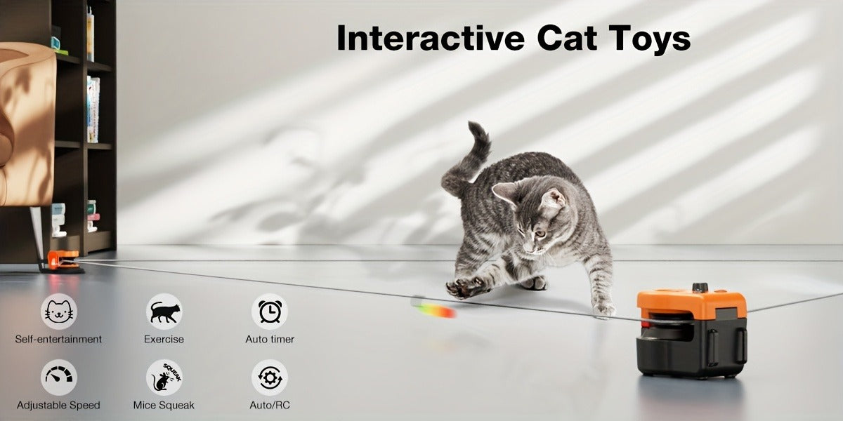 Interactive Cat Toy Auto & Remote Control – Electric Feather Mouse Lure Coursing Machine with DIY Track, Mouse Sounds, Auto Timer