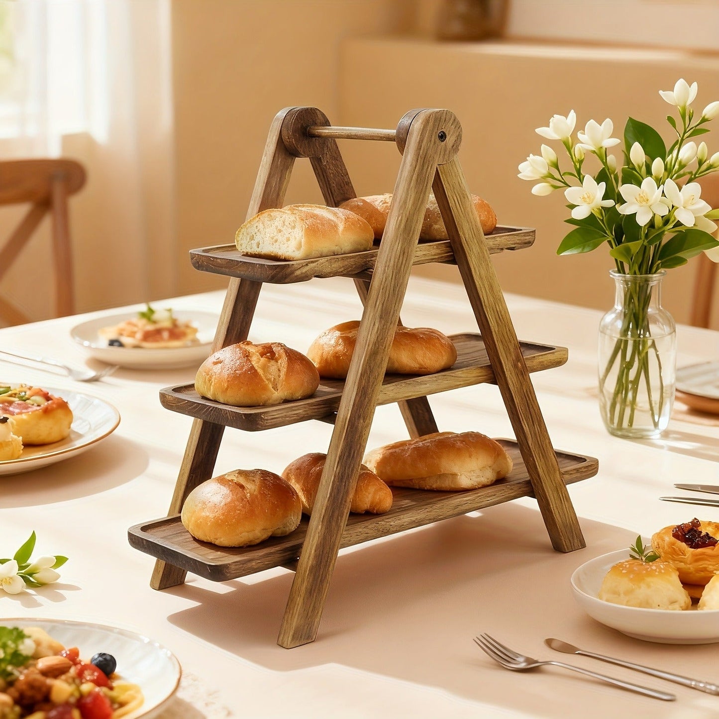 Cake Stand 3 Tier Wooden Serving Tray Farmhouse Dessert Display Cupcake Tower Bread Basket Collapsible Tiered Platter for Wedding Party