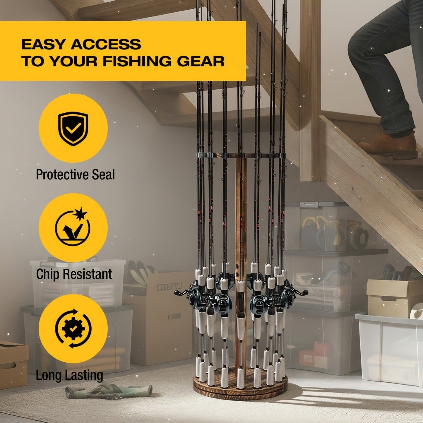 Fishing Rod Rack Holds 16 Rods – Circular Wooden Pole Holder with 360° Rotating Base Option – Space-Saving Wall-Free Fishing Rod Organizer