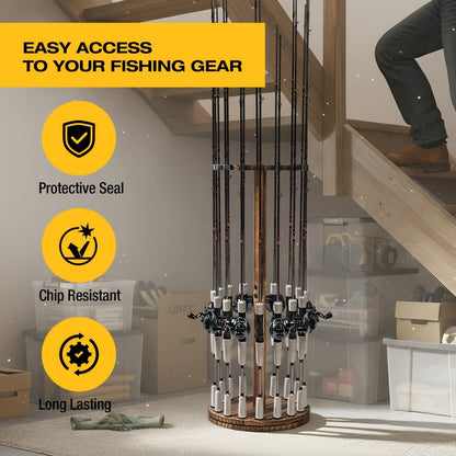 Fishing Rod Rack Holds 16 Rods – Circular Wooden Pole Holder with 360° Rotating Base Option – Space-Saving Wall-Free Fishing Rod Organizer