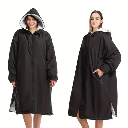 Changing Robe Fleece Lined Hooded – Long Sleeve Windproof Warm Surf Poncho for Swimming, Surfing, Diving, Camping & Hiking – 43.3x31.5in