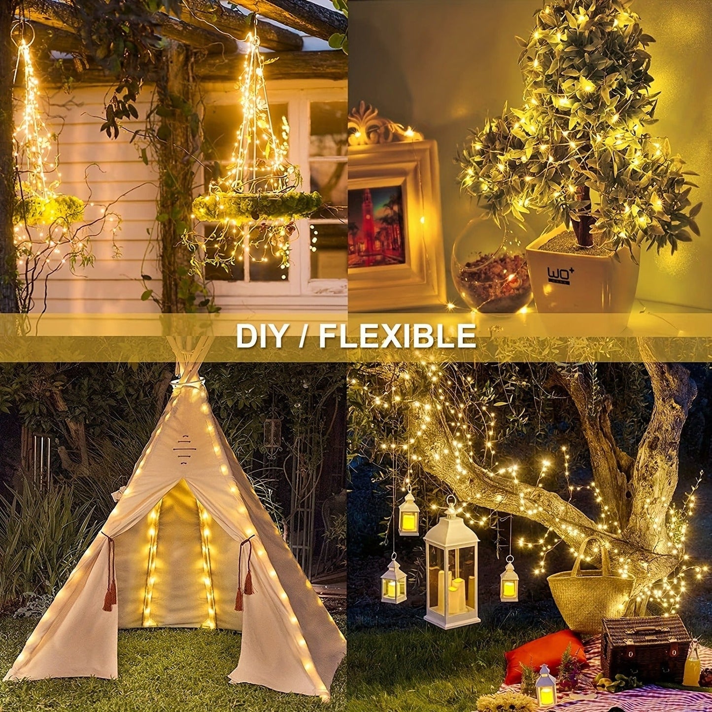 Two-Pack Solar Fairy String Lights, 104 Feet with 300 LEDs, Flexible Wire and Three Color Options
