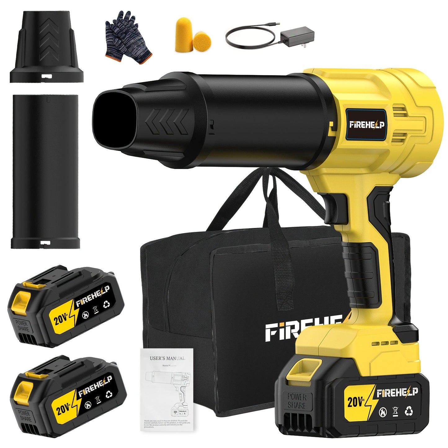 20V Cordless Leaf Blower with 50, 000 RPM Marking, Yellow or Green Body and Six Dual-Battery Package Options