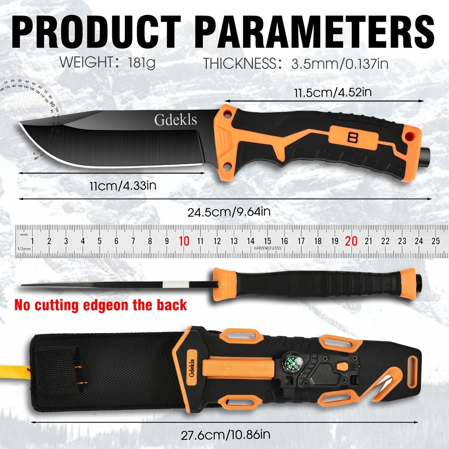 Fixed Blade Outdoor Camping Knife 9.64 Inch Stainless Steel, Survival Hunting Knife with Flint Fire Starter Night Light Sharpener Safety