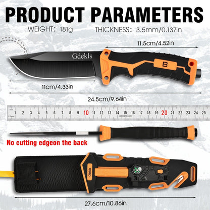 Fixed Blade Outdoor Camping Knife 9.64 Inch Stainless Steel, Survival Hunting Knife with Flint Fire Starter Night Light Sharpener Safety