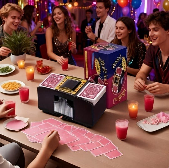 Automatic Playing Card Shuffler for 2, 4 or 6 Decks with One-Button Battery Operation and Transparent Card Chambers