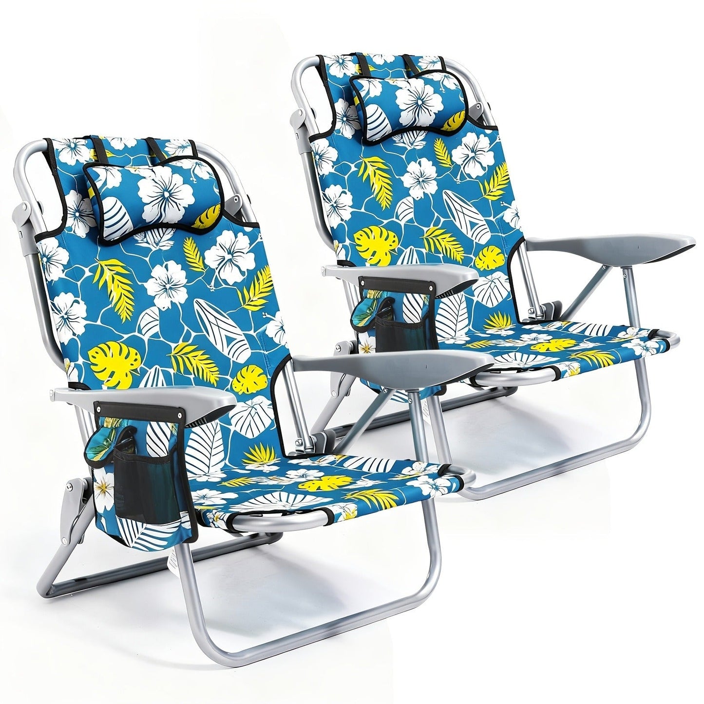 Folding Beach Chair Lay Flat Camping Chair for Adults 4 Position Adjustable Backpack Chair with Cup Holder Towel Bar Cooler Pouch