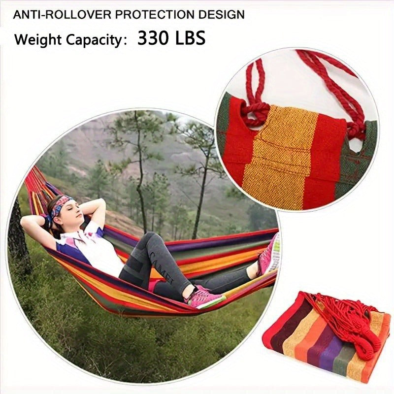 Striped Outdoor Hammock, 94.49 x 31.5 Inches with Two Ropes, Carry Bag and 330 lb Load-Limit Marking