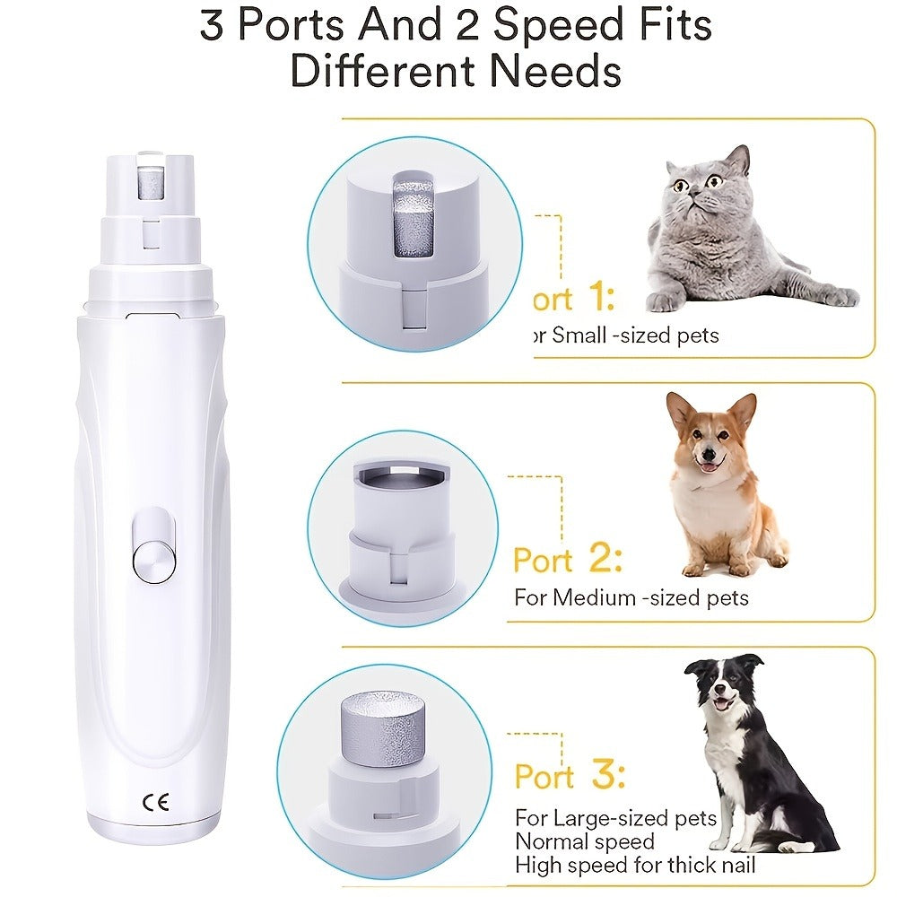 Electric Pet Nail Grinder 2-Speed 3-Port – Rechargeable Quiet Dog Cat Nail Trimmer with 3 Hour Battery Life